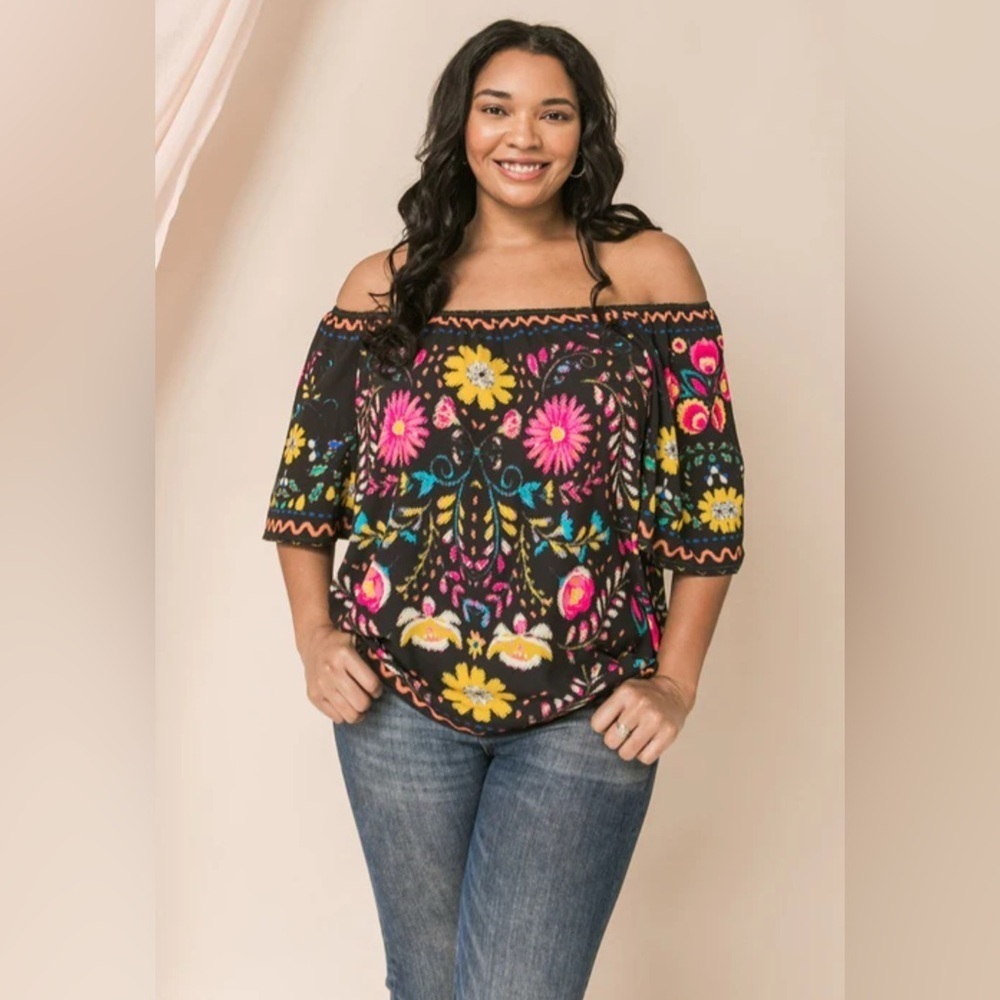 Flying Tomato Boho Black Floral Off Shoulder Smocked Blouse size M